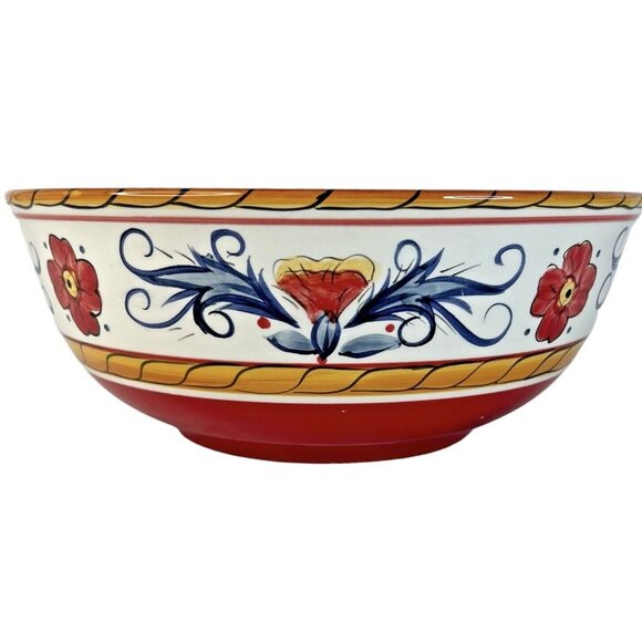 Tabletops Gallery Italiano Large Servng Bowl Red Blue Hand Painted Floral 10 IN - Picture 4 of 8